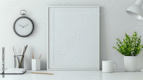 Home Office Desk Mockup White Background, Empty Frame, Clock, Supplies, Cup