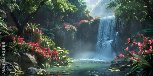tropical waterfall Amazing waterfall background Majestic Waterfall Lush Rainforest Paradise Wallpaper Jungle waterfall cascade in tropical rainforest with rock and turquoise blue pond