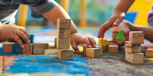 toddlers hands building tower with natural child plays with wooden blocks on a table Top view of interior preschool close up of a toddler building a tower with wooden blocks and playing games with mon