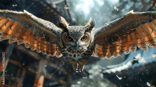 Samurai Battle Armor Adorns Majestic Owl in MidFlight A Captivating D Rendered Image of Power and Grace