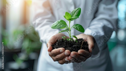 Female scientist holding a young plant in soil - A female scientist in white lab coat tenderly holds a young plant growing in soil, indicating research in botany and environmental science