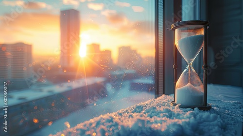 Hourglass in snowy scene at sunset - A timeless hourglass stands amidst a wintry scene, capturing the fleeting beauty of a snow-covered sunset