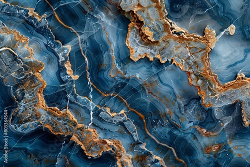 A close-up image showcasing the intricate natural patterns of a blue and brown marble surface, exhibiting rich textures and veins.