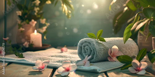 Closeup white terry bath towels and flowers Spring Spa composition with body care items with fresh tulips, beauty and health accessory composition set in day spa hotel beauty wellness center