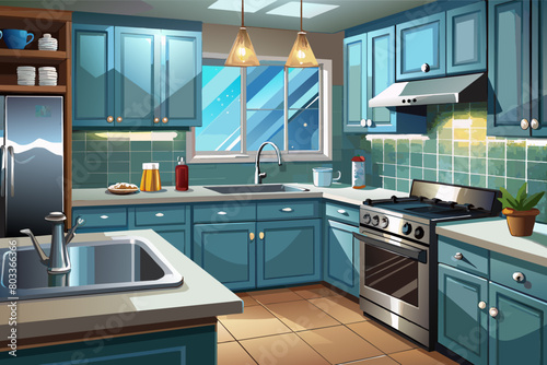 photorealistic image of a sparkling clean kitchen countertop with gleaming stainless steel appliances