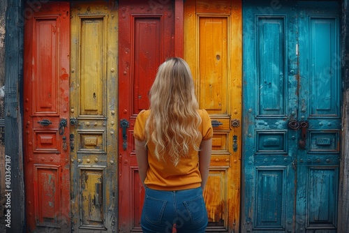 A woman with long blonde hair, wearing a yellow shirt, is contemplating a bright array of weathered colorful wooden doors