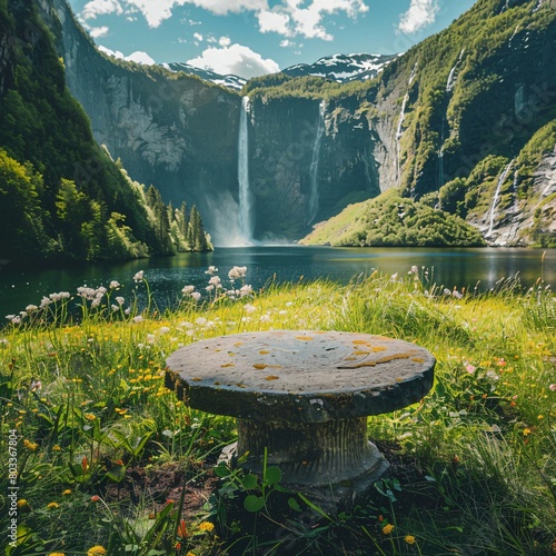Round stone pedestal with water in the background, a lake and waterfall in mountains 