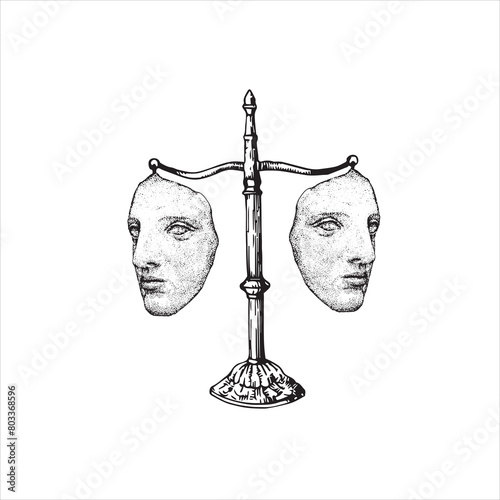 Scales with face masks. Spot work. Vector hand drawn illustration. Tattoo illustration, modern surreal art.