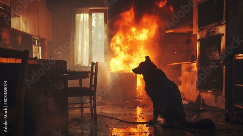 Silhouette of a dog sitting on the floor of a burning closed house. Leave your pet indoors locked up