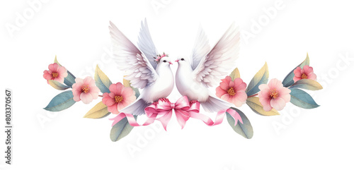 Floral spring pink vignette, love birds and doves, floral spring border, arch for wedding invitation, marriage, watercolor illustration