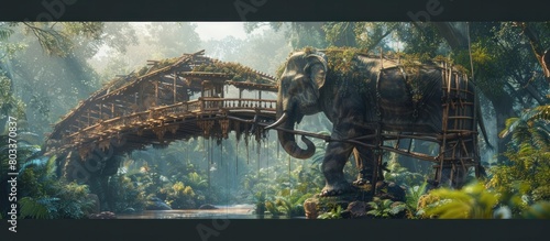 Massive Elephant Transports Intricate Wooden Bridge in Lush Jungle A D Rendering