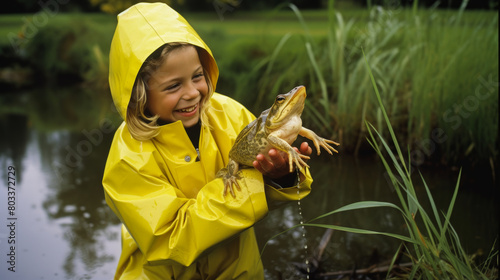 A jubilant kid in yellow outerwear proudly showcasing a frog near a water body.