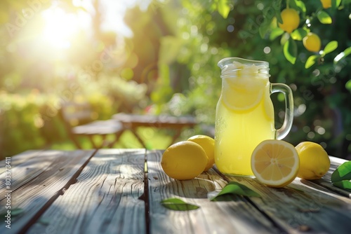Jug of fresh lemonade on wooden table in sunny garden