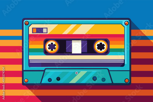 flat vector illustration of a retro cassette tape with vibrant colors.