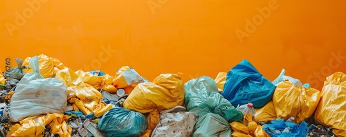 Overfilled trash avoiding landfill on orange background