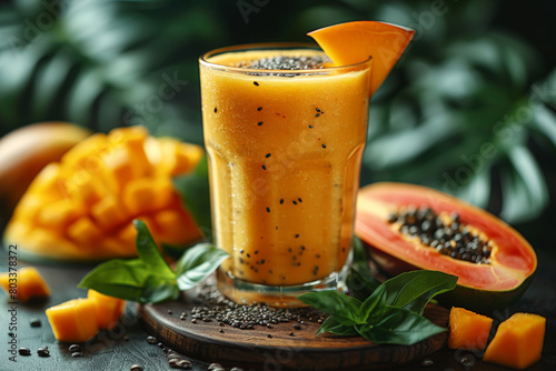 Mango smoothie with fresh mint and black sesame seeds, suitable for healthy lifestyle imagery.