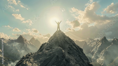 a person standing on top of a mountain with their arms in the air. generative ai hyper realistic 