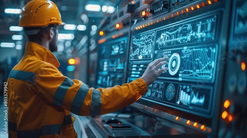 Worker interacting with a dashboard for monitoring connected equipment, close-up, clear focus under bright light