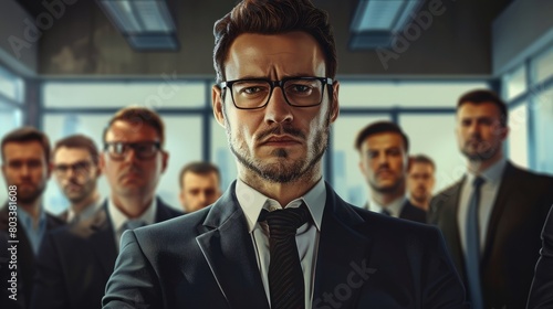 Portrait of businessman leading his team at office hyper realistic 