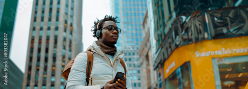 City Slicker: Trendy African American Man Strolling Through Urban Landscape with Smartphone and Headphones