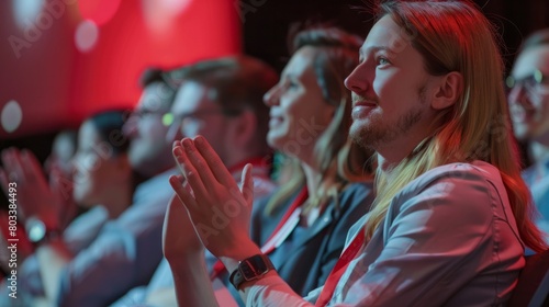 Happy colleagues applauding while sitting in conference event at convention center business people sit together in convention hall listen seminar success clapping happiness,ai generate