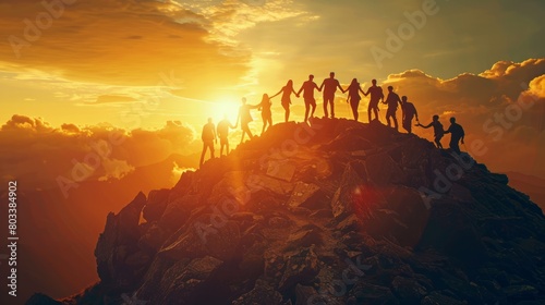 Panoramic view of team of people holding hands and helping each other reach the mountain top in spectacular mountain sunset landscape hyper realistic 