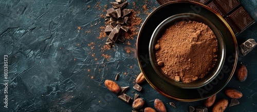 Concept of chocolate and cacao. Bowl of cocoa powder beside cacao beans and chopped chocolate on dark background.