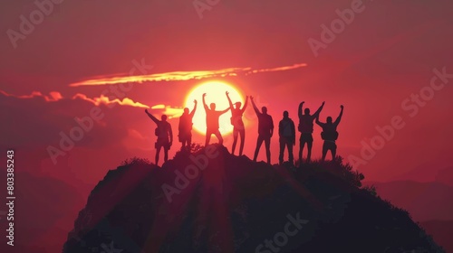 Teamwork success victory concept. Silhouette of the team on top of mountain. Leadership Concept. AI Generative hyper realistic 