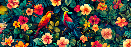 Lush Jungle Paradise: Colorful Rainforest Design with Exotic Birds and Blooming Flowers