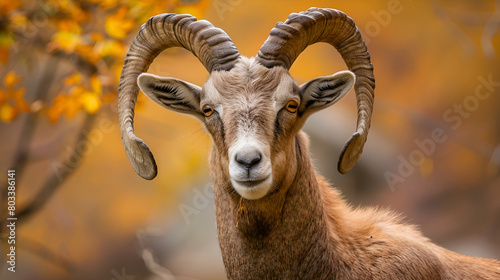 Large mouflon in its natural habitat Brown ram portrait Illustration a wild ram with big horns a mouflon a mountain sheep or any other animal.