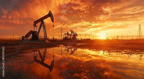 Oil pumpjacks and machinery at an oil field during sunset 