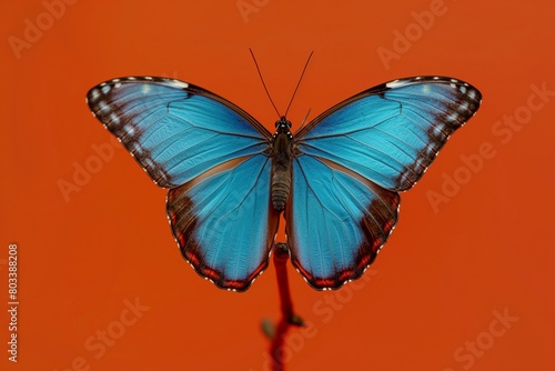 A vibrant, blue butterfly with its wings spread wide, perched on a small twig, set against a solid, bright orange background.