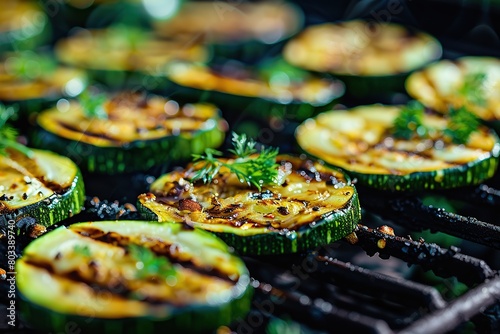 Grilled zucchini pieces on grill