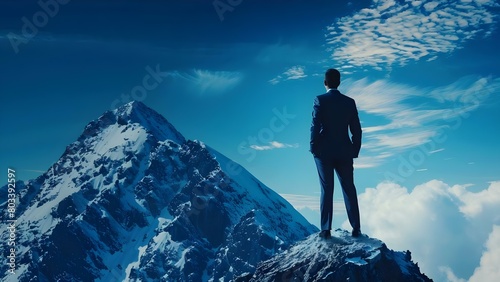 Ambitious businessman in suit conquers mountain peak symbolizing unwavering pursuit of success. Concept Success, Business, Ambition, Entrepreneurship, Achievement