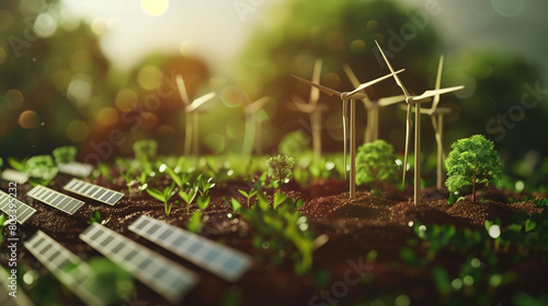 miniature wind turbines and solar panels in the midst of green nature, visualizing renewable energy and sustainability, created with generative AI technology