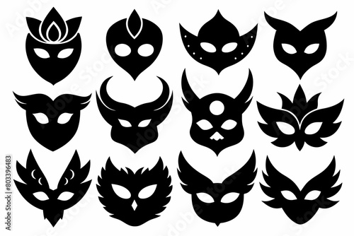 A Set of 27pcs different masquerade mask black Silhouette Design with white Background and Vector Illustration