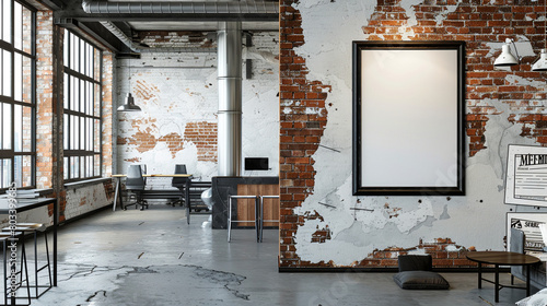 a mockup showcasing a poster frame in an industrial loft interior with exposed brick walls and concrete floors