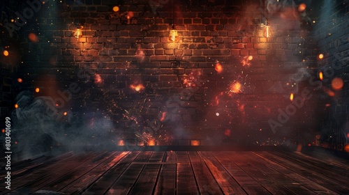 Dark basement room, empty old brick wall, sparks of fire and light on the walls and wooden floor. Dark background with smoke and bright highlights. neon lamps on the wall, night view. hyper realistic 