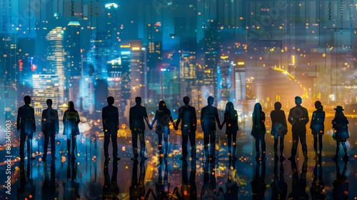 Double exposure panoramic teamwork business join hand together with silhouette business people and modern city background. Business team standing hands together, Volunteer charity work. 
