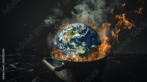 The earth is boiling in pot. global warming crisis