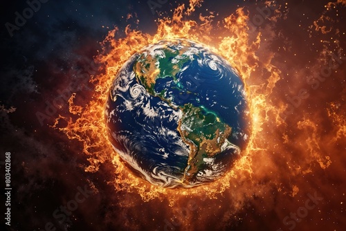 image shows a globe surrounded by a ring of fire and enveloped in fire. The surface of the earth was mostly blue and the ground was on fire. The picture has a dark background.