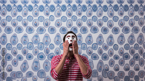 A person against a loud, erratic patterned backdrop, refusing to acknowledge two identical, mundane masks held out in front of them.