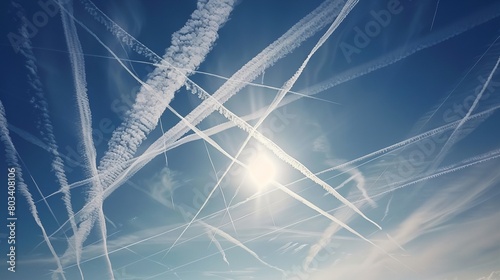 a group of contrails flying through a blue sky