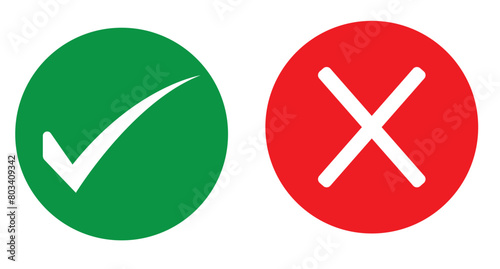 Tick and cross checkmark icon. Check mark and wrong mark icon design. Set of red X and green check mark icons. Vector illustration.