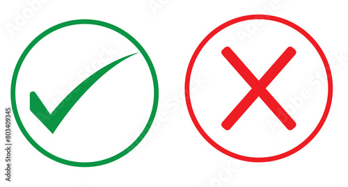 Set of red X and green check mark icons set. Tick and cross checkmark icon. Yes and No buttons. Check mark and wrong mark icon design. Vector illustration.
