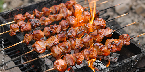 Appetizing fried meat on the grill Delicious and dish in the cooking process shish kebab on skewer Roasted beef meat cooked at barbecue Traditional Eid ul azha.