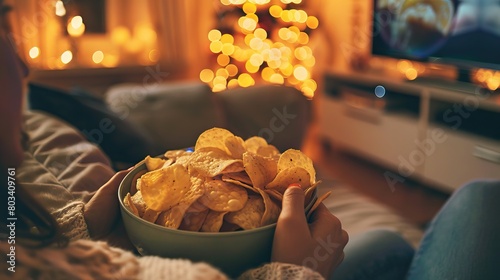 Close up of a woman's hands holding a bowl with potato chips on the sofa in front of the tv at night. AI generated illustration
