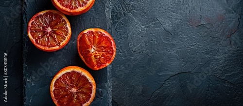 Blood oranges positioned on a dark slate mat, one sliced in half, displayed vertically with space for text above.