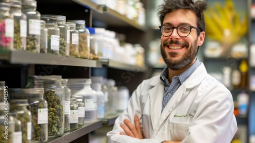 A cheerful male pharmacist with eyeglasses stands confidently in an herbal medicine shop surrounded by jars
