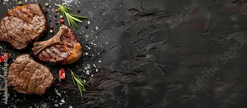 Beef steak and veal on a black wooden surface, seen from above with empty space for text.